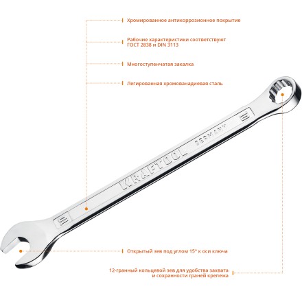 Ключи комбинированные KRAFTOOL, Cr-V, DIN 3113 27079-10 купить в Уфе