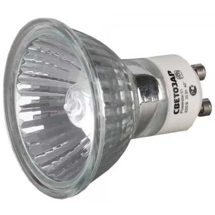 Лампа галогенная СВЕТОЗАР с защитным стеклом, алюм. отражатель, цоколь GU10, диаметр 51мм, 50Вт, 220В SV-44825 купить в Уфе