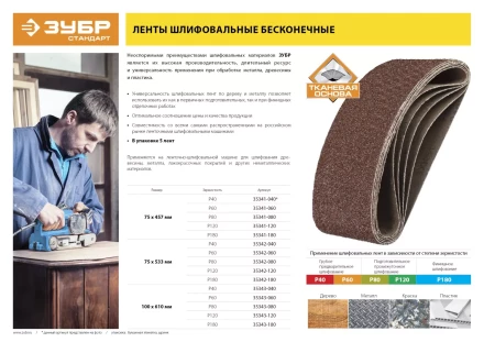 Лента шлифовальная бесконечная ЗУБР &quot;СТАНДАРТ&quot; на тканевой основе, для ЛШМ, P80, 100х610мм, 5 шт 35343-080 купить в Уфе