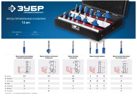 ЗУБР 12 шт, набор профильных фрез по дереву, Профессионал (28796-H12) купить в Уфе