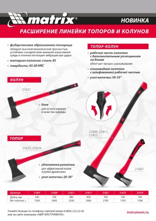 Топор-колун с клиновидным полотном 2500 г Matrix 21811, фибергласовое обрезиненное топорище 880 мм купить в Уфе