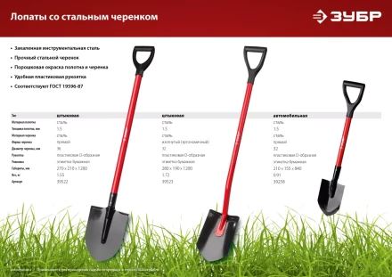 ЗУБР МАСТЕР, 270 х 210 х 1200 мм, полотно 1.5 мм, закалено, стальной прямой черенок с рукояткой, тип ЛКО, штыковая лопата (39522) купить в Уфе