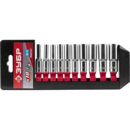 Набор ЗУБР &quot;МАСТЕР&quot;: Торцовые головки (1/4&quot;) удлиненные на пластиковом рельсе, Cr-V, 4-13мм, 10 предметов 27657-H10 купить в Уфе