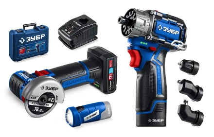 ЗУБР КОМБИ #5 набор: дрель-шуруповерт + мини УШМ + LED фонарь, BRUSHLESS, 12 В, 45 Н·м, 2 АКБ тип Т7 (4 и 2 А·ч), кейс, Профессионал (DB-125-42ABF) купить в Уфе