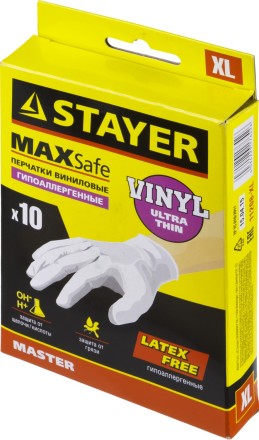 Перчатки STAYER &quot;MASTER&quot; виниловые экстратонкие, XL, 10шт 11208-XL купить в Уфе