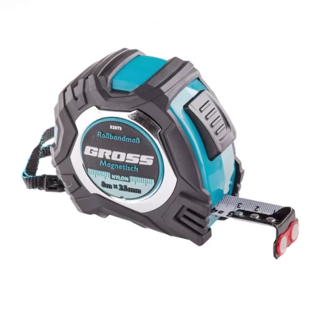 Рулетка Magnetisch 8 м х 25 мм обрезиненный корпус автоматическая фиксация Нейлоновое покрытиеытие зацеп с магнитом Gross 32573 купить в Уфе