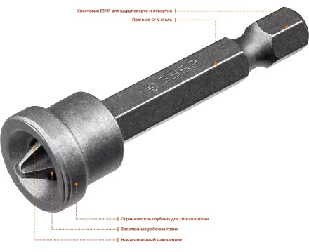 ЗУБР 10 шт, PH2, 50 мм, биты с ограничителем (26002-2-50-10) купить в Уфе