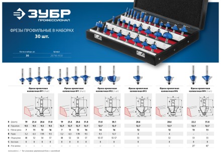 ЗУБР 30 шт, набор профильных фрез по дереву, Профессионал (28796-H30) купить в Уфе