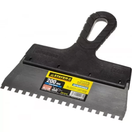 Шпатель STAYER &quot;PROFESSIONAL&quot; нержавеющий зубчатый с пластмассовой ручкой, 200мм, зуб 6х6мм 1009-20-06 купить в Уфе