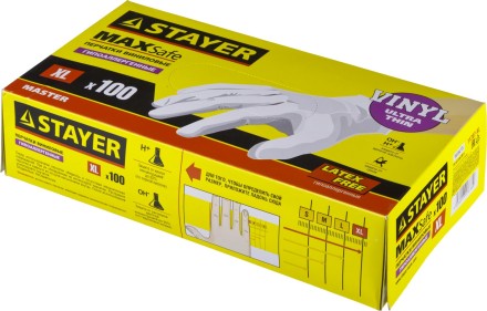 Перчатки STAYER &quot;MASTER&quot; виниловые экстратонкие, XL, 100шт 11207-XL купить в Уфе