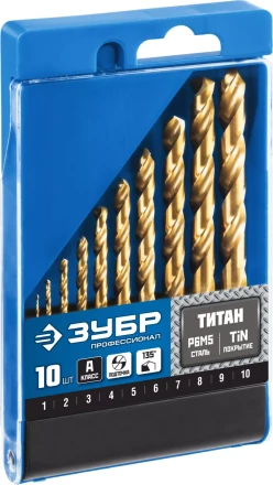 ЗУБР ТИТАН, 10 шт, (1-10 мм), сталь Р6М5, класс А, титановое покрытие, набор сверл по металлу, Профессионал (29615-H10) купить в Уфе