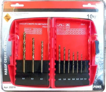 Набор сверл д/мет.Р6М5  10шт.(1-10мм) 6/6/36 25210 купить в Уфе