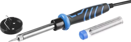 Паяльник ЗУБР &quot;ПРОФЕССИОНАЛ&quot; с двухкомпонентной рукояткой и защитным колпачком в наборе с припоем и подставкой, 60Вт, конус 55402-60_z01 купить в Уфе