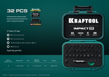 Набор ударных торсионных бит KRAFTOOL Impact, Cr-Mo-V-Nb сталь 26066-H32 купить в Уфе