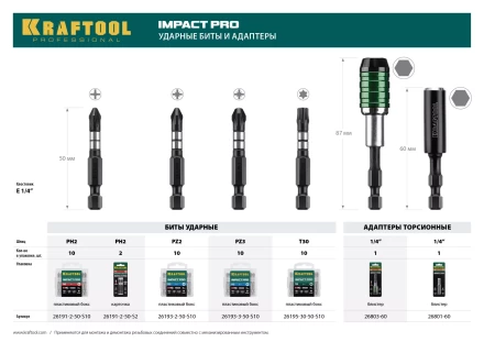 Биты для ударных шуруповертов KRAFTOOL Impact Pro PH 26191-2-50-S10 купить в Уфе
