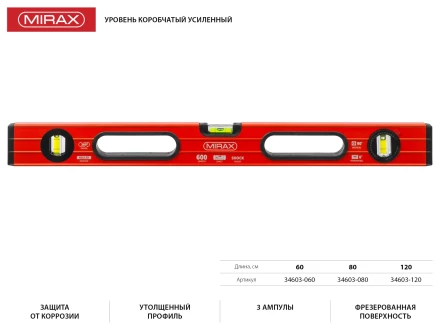 Уровень коробчатый усиленный MIRAX, фрезерованная поверхность, утолщенный профиль, 3 противоударных ампулы (1 поворотная на 360 град), с ручками, 60 см 34603-060 купить в Уфе