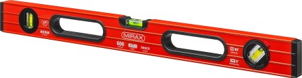 Уровень коробчатый усиленный MIRAX, фрезерованная поверхность, утолщенный профиль, 3 противоударных ампулы (1 поворотная на 360 град), с ручками, 60 см 34603-060 купить в Уфе