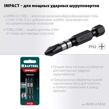 Биты для ударных шуруповертов KRAFTOOL Impact Pro PH 26191-2-50-S2 купить в Уфе