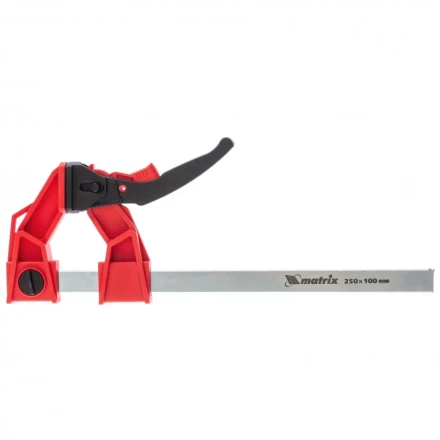 Струбцина реечная быстрозажимная усиленная пластиковый корпус рычажно-храповой механизм 250 х 100 х 401 мм штанга 5 х 22 мм Matrix 20727 купить в Уфе