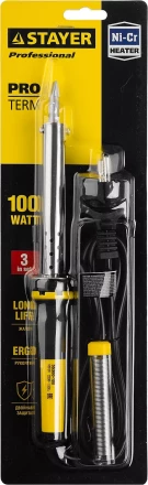 Паяльник PROTerm с двухкомпонентной рукояткой, в комплекте с припоем и подставкой, жало - клин, STAYER Professional 55300-100, 100 Вт 55300-100 купить в Уфе