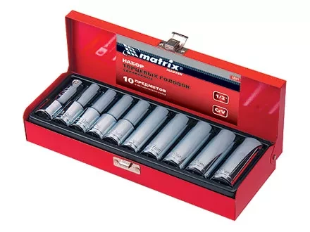 Набор торцевых головок, квадрат 1/2&quot;, головки 10 - 22 мм, удлиненные, 10 предм  MATRIX MASTER 13581 купить в Уфе