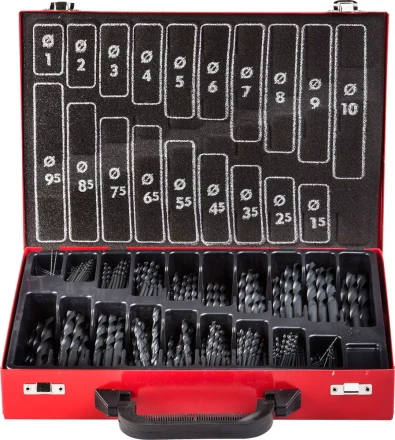Набор ЗУБР "ТЕХНИК": Свёрла по металлу парооксидированных, быстрорежущая сталь, в мет. боксе, 1-10мм, шаг-0,5, 370 предм. 4-29605-H370 купить в Уфе