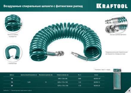 Воздушный спиральный шланг KRAFTOOL с фитингами рапид 8х12 мм 06590-20 купить в Уфе