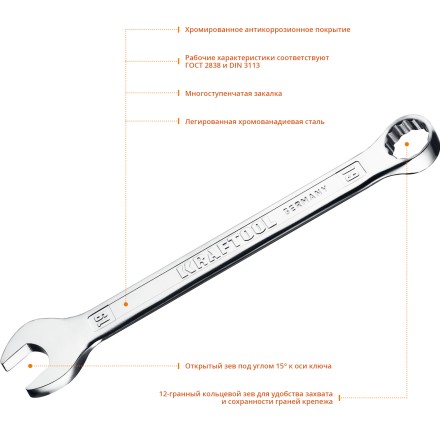 Ключи комбинированные KRAFTOOL, Cr-V, DIN 3113 27079-19 купить в Уфе