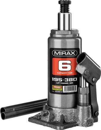 Домкрат гидравлический бутылочный, 6т, 195-380 мм, MIRAX 43260-6 43260-6 купить в Уфе