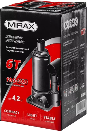 Домкрат гидравлический бутылочный, 6т, 195-380 мм, MIRAX 43260-6 43260-6 купить в Уфе