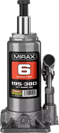 Домкрат гидравлический бутылочный, 6т, 195-380 мм, MIRAX 43260-6 43260-6 купить в Уфе
