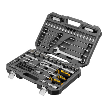 Набор инструментов Denzel, 1/2&quot;, 1/4&quot;, CrV, S2, пластиковый кейс, 82 предмета 15809 купить в Уфе