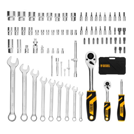 Набор инструментов Denzel, 1/2&quot;, 1/4&quot;, CrV, S2, пластиковый кейс, 82 предмета 15809 купить в Уфе