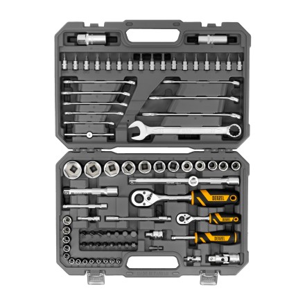 Набор инструментов Denzel, 1/2&quot;, 1/4&quot;, CrV, S2, пластиковый кейс, 82 предмета 15809 купить в Уфе
