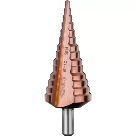 Сверло ЗУБР &quot;КОБАЛЬТ&quot; ступен. по сталям и цв.мет.ст.Р6М5 с кобальт.покрыт.d 4-39мм,14ст.d4-39,L-113мм, 3-хгран.хв. 10мм 29672-4-39-14 купить в Уфе