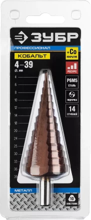 Сверло ЗУБР &quot;КОБАЛЬТ&quot; ступен. по сталям и цв.мет.ст.Р6М5 с кобальт.покрыт.d 4-39мм,14ст.d4-39,L-113мм, 3-хгран.хв. 10мм 29672-4-39-14 купить в Уфе