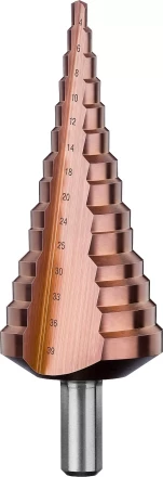 Сверло ЗУБР &quot;КОБАЛЬТ&quot; ступен. по сталям и цв.мет.ст.Р6М5 с кобальт.покрыт.d 4-39мм,14ст.d4-39,L-113мм, 3-хгран.хв. 10мм 29672-4-39-14 купить в Уфе