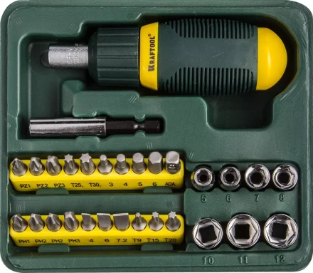 Набор KRAFTOOL Отвертка реверсивная с битами и торцовыми головками, 29 предметов 25556-H29 купить в Уфе