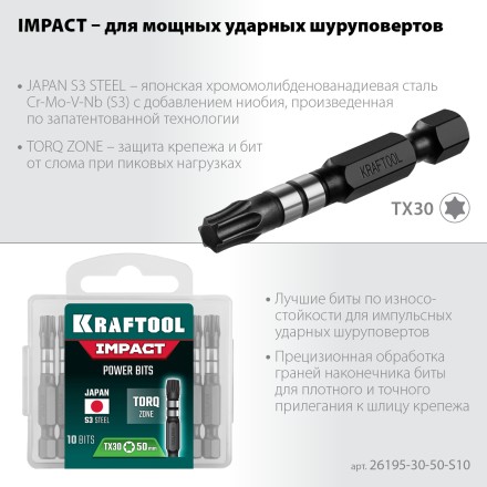 Биты для ударных шуруповертов KRAFTOOL Impact Pro TX 26195-30-50-S10 купить в Уфе