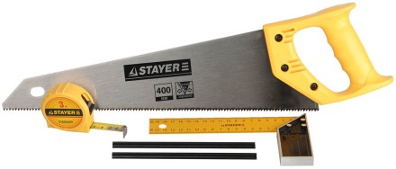 Набор STAYER &quot;STANDARD&quot; для столярных работ: ножовка по дереву 400 мм, угольник 200 мм, рулетка 3 м, 2 карандаша, 5 пред 15084-H5 купить в Уфе