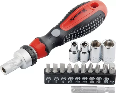 Отвёртка реверсивная с набором бит и насадок торцевых,CrV,1/4&quot;,16шт MATRIX 11332 купить в Уфе