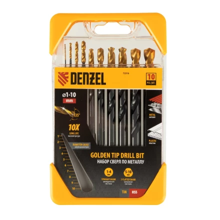 Набор сверл по металлу, 1-10 мм, HSS-Tin, Golden Tip, 10 шт Denzel 72316 купить в Уфе