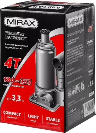Домкрат гидравлический бутылочный, 4т, 180-355 мм, MIRAX 43260-4 43260-4 купить в Уфе