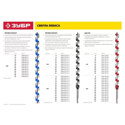 ЗУБР &quot;МАСТЕР&quot;. Сверло по дереву, спираль Левиса, HEX хвостовик, 6х235мм 2947-235-06 купить в Уфе