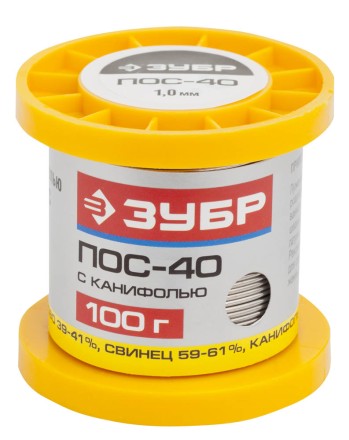 Припой ЗУБР, ПОС 40, трубка с канифолью, 100г, 1мм 55451-100-10C купить в Уфе