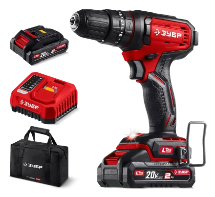 ЗУБР 20 В, 40 Нм, 2 АКБ LMS (2 Ач), ударная дрель-шуруповерт, сумка (ДШУ-40-22) купить в Уфе