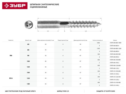 ЗУБР &quot;МАСТЕР&quot;. Шпилька сантехническая, шестигранник, Torx 25, оцинкованная, М10x100мм, 600шт 37870-10-100-600 купить в Уфе