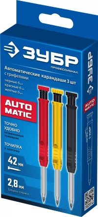 ЗУБР АСК набор: 18 сменных грифелей: 6ч + 6ж + 6к ( d 2,8 мм, HB), 3 автоматических карандаша (06312-H6) купить в Уфе