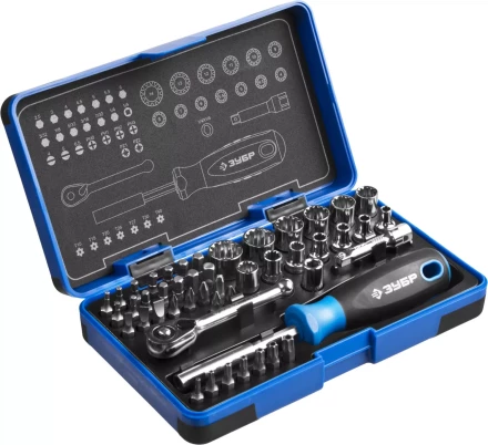 Набор ЗУБР &quot;ПРОФИ&quot;: Отвертка с двухкомп рукояткой, насадки и мини трещетка, 47 предм, пластиковый бокс 25283-H47 купить в Уфе