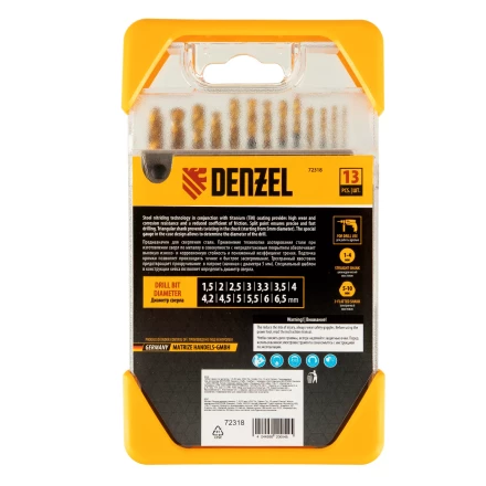 Набор сверл по металлу, 1,5-6,5 мм, HSS-Tin, Golden Tip, 13 шт Denzel 72318 купить в Уфе